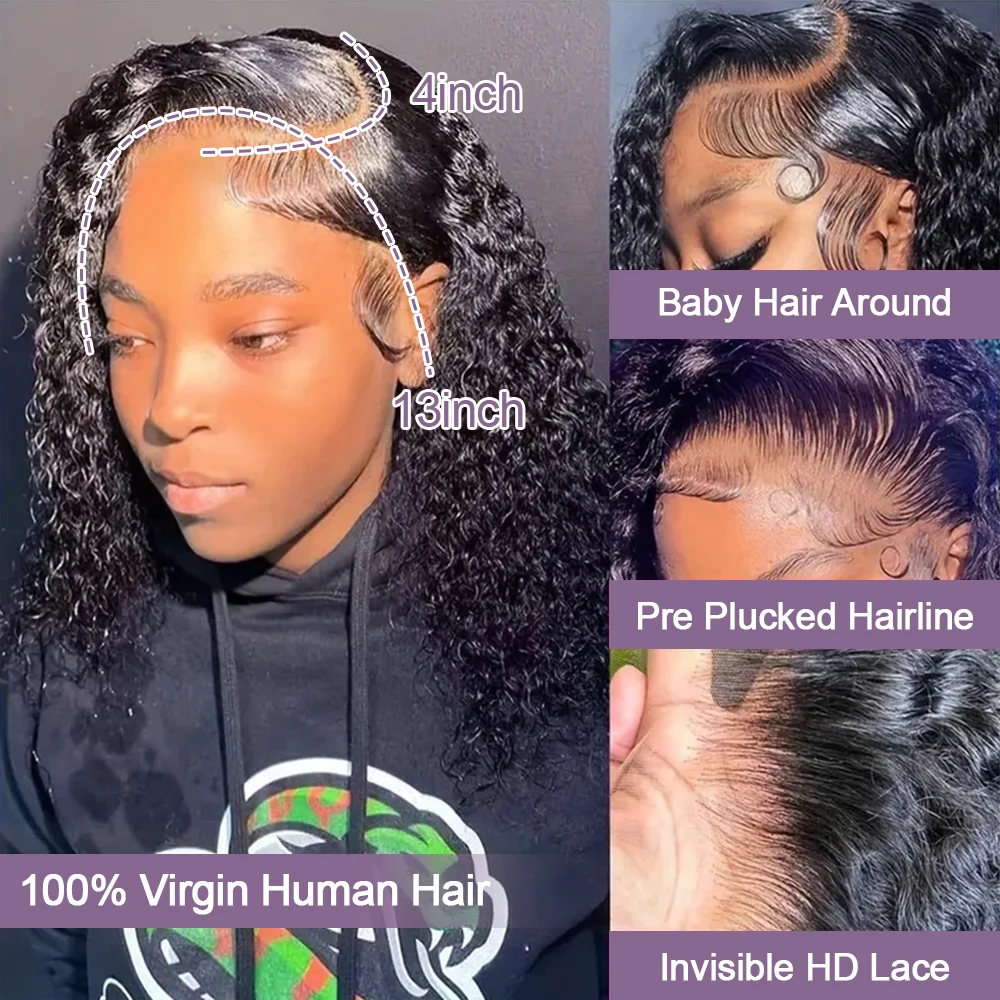 250密度ディープウェーブ人毛ウィッグ 13x6 HDレースフロントウィッグ グルーレスカーリー人毛ウィッグ フロントキンキーショートカーリーボブ ウォーターブレイド