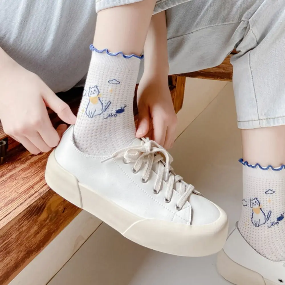 Lovely Student Breathable Harajuku Creative Fashion Short Hosiery Girls Mesh Socks Cotton Socks Cat Pattern