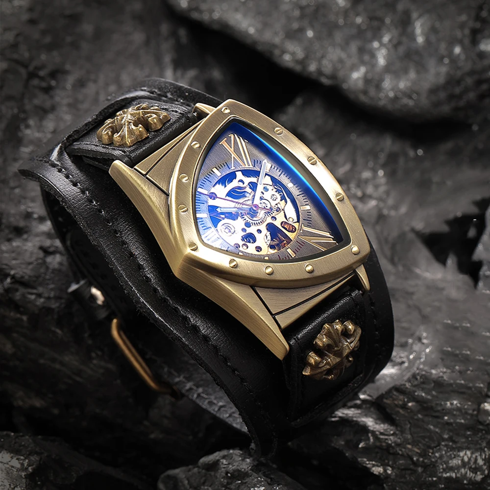New Personalized Fashion Triangle Hollow Men\'s Mechanical Watch Night Light Leisure Retro Fully Automatic Mechanical Watch