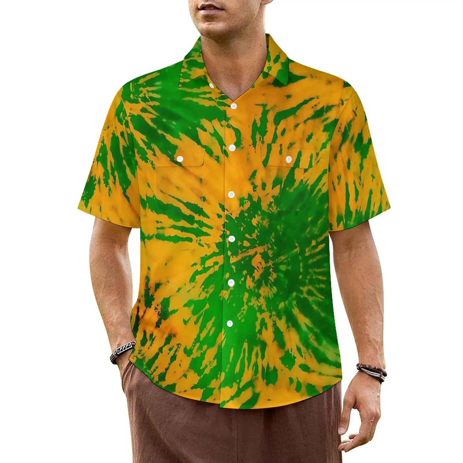 Hawaiian Shirt Vacation Tie Dye Dreams Blouses Yellow And Green Loose Casual Shirts Male Short Sleeve Y2K Street Oversized Top