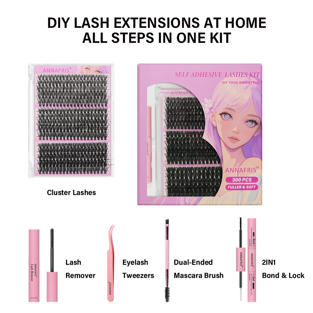 ANNAFRIS DIY extensión de pestañas mezcla de estilos grupos de pestañas individuales con removedor de unión y sellado cepillo de pestañas rs para maquillaje de autoaplicación