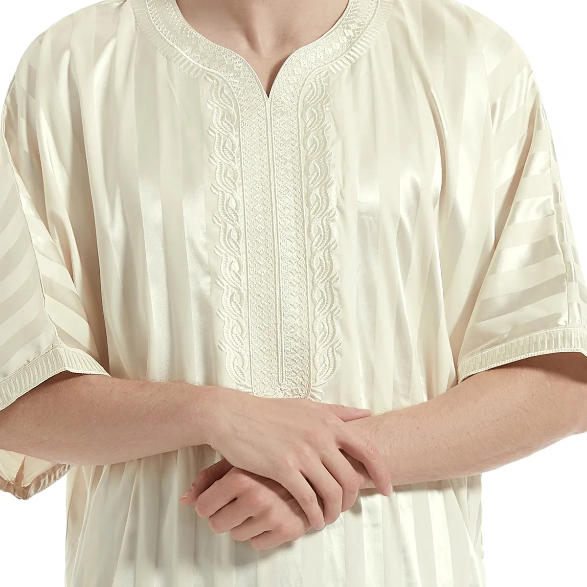 Men Muslim Kaftan Vintage Short Sleeves Abaya Jubba Thobe For Men Loose Dubai Saudi Arab Islam Clothing Prayer Robe S-3xl