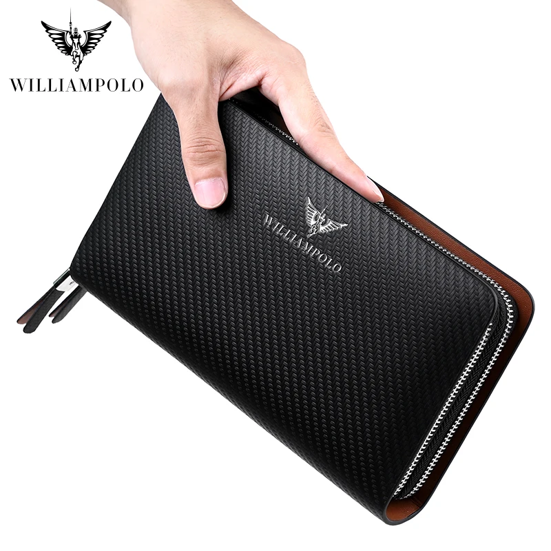 WILLIAMPOLO Men\'s Wallet Business Large Capacity Clutch Bag Genuine Leather Clutch Wallet Double Zipper Handbag Long Men Wallet