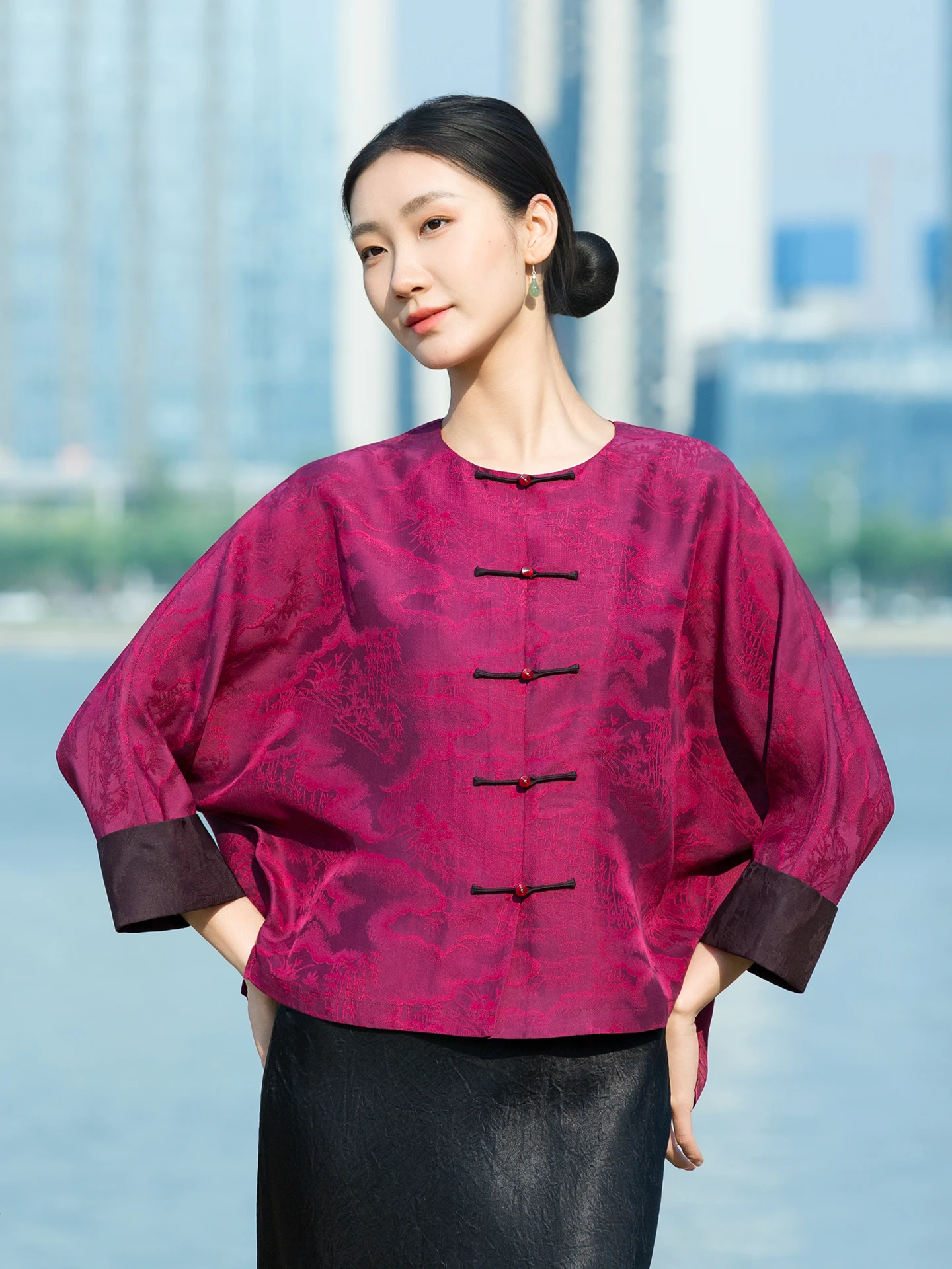 

Шелковая блузка-накидка из ткани «Шелковое облако» для женщин, свободного кроя, повседневная, весна-осень, в традиционном китайском стиле, с рукавами «летучая мышь» и круглым вырезом