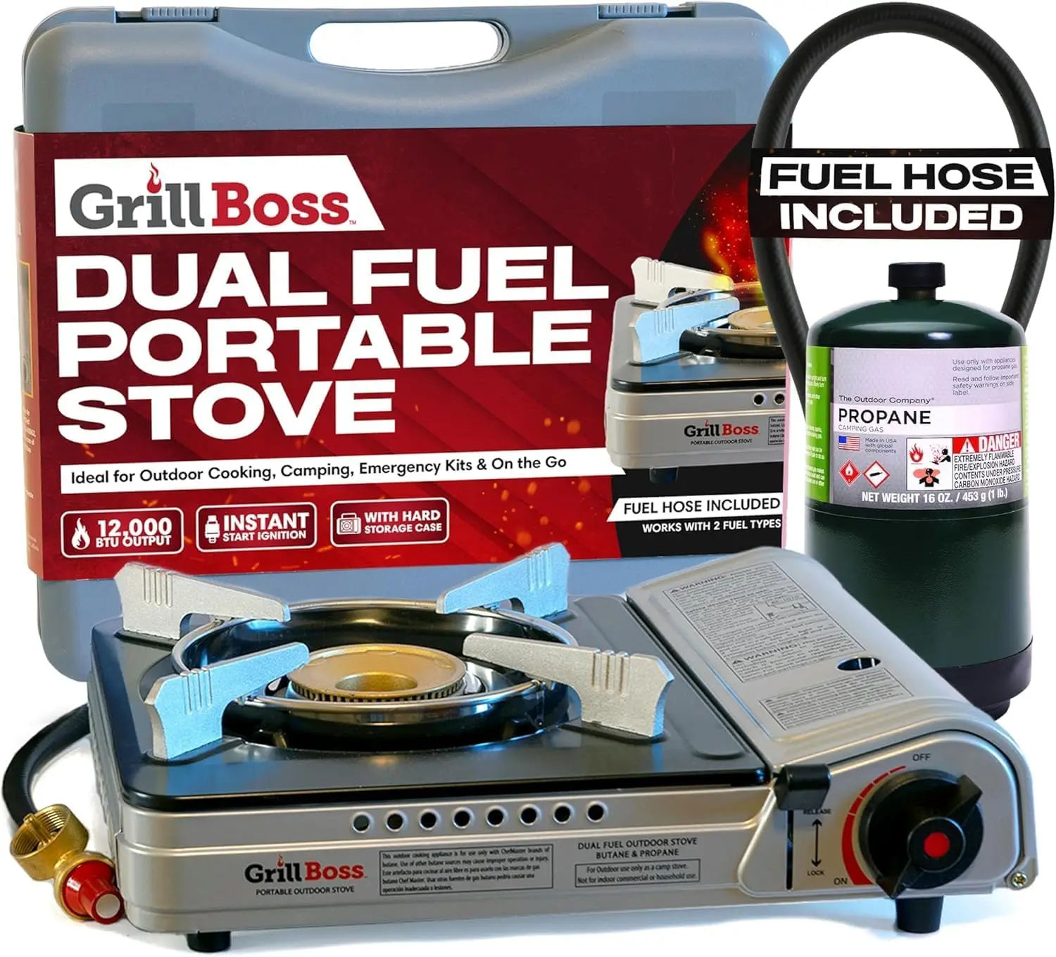 

Dual Fuel Camp Stove, 12,000 BTU Portable Butane & Propane Stove for Camping, Emergencies, BBQ, Hiking - Piezo Ignition