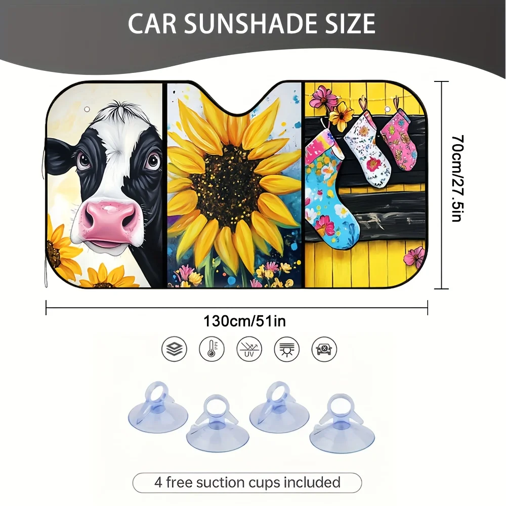 1pc Of Sunflowers And Cows Car Sunshade, Effective, Maintains A Cool Interior, Perfect For Various Driving Situations, Such As C