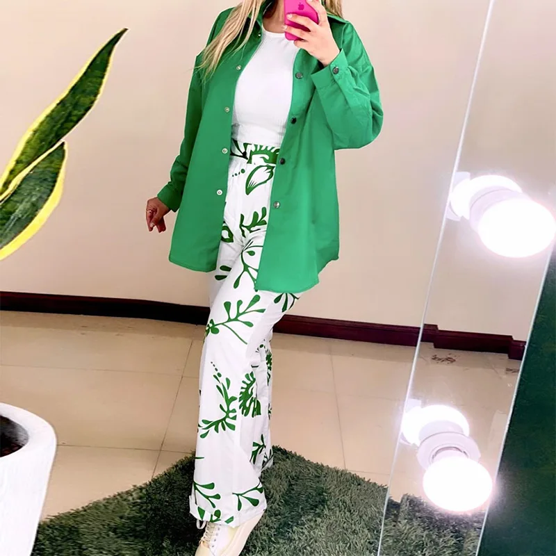 

Women 2023 Summer New Casual Long Sleeved Lapel Shirt Printed High Waist Pocket Elegant Casual Set Clothing Suit Office Lady