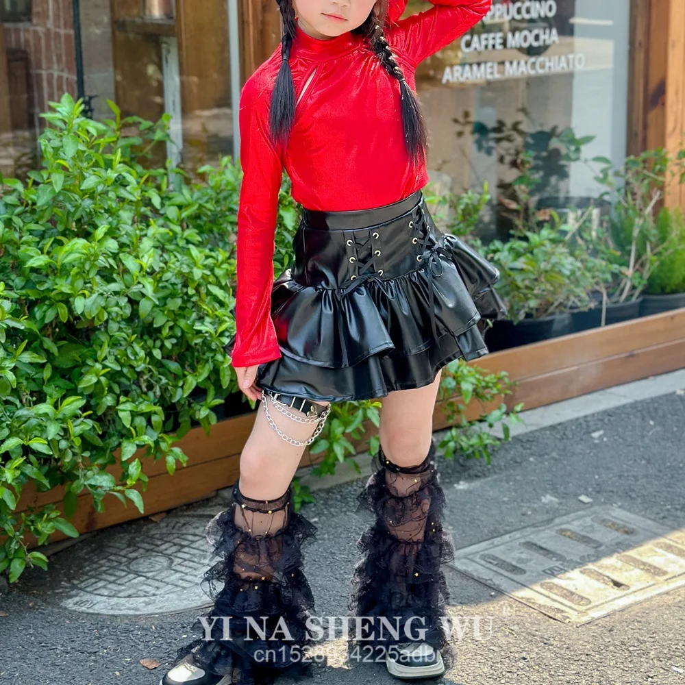 الفتيات K-pop لامعة الأحمر المحاصيل الأعلى التنانير السوداء الملابس مجموعات بارد الهيب هوب زي مجموعة الشارع الرقص الزي أزياء المرحلة ارتداء العرض