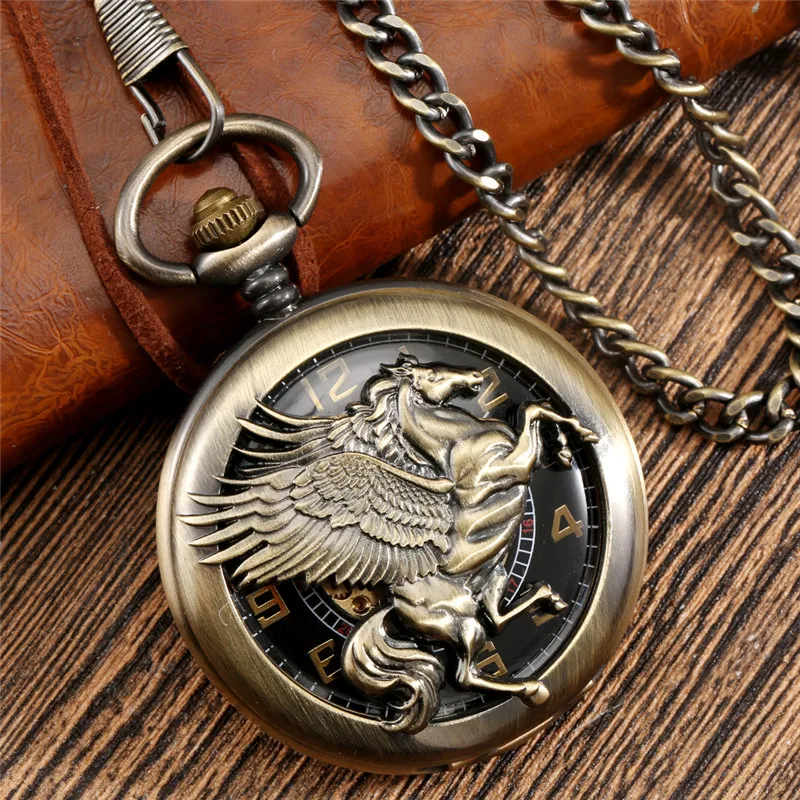 Bronzen Unisex Handopwindende Mechanisch Zakhorloge Holle Vlieg Paard Cover Hanger Ketting Arabisch Cijfer Display Uurwerk