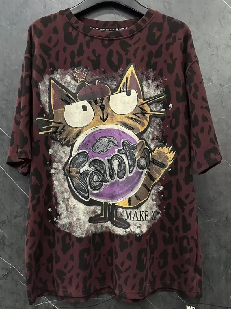 2024 Autumn Winter Heavy Industry Cartoon Cat Leopard Print Thickened Polished Short-sleeved T-shirts Women's Loose Design Tees