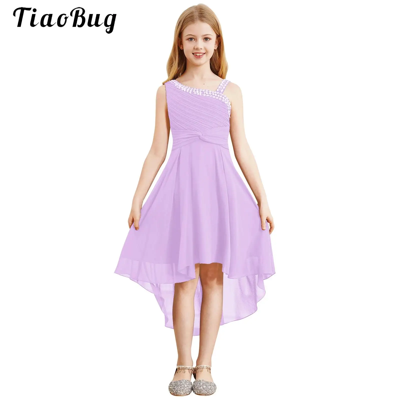 

Children Girls Elegant One Shoulder Flower Dress Sparkly Sequin Ruched Bodice Chiffon Dresses Banquets Evening Wedding Gown