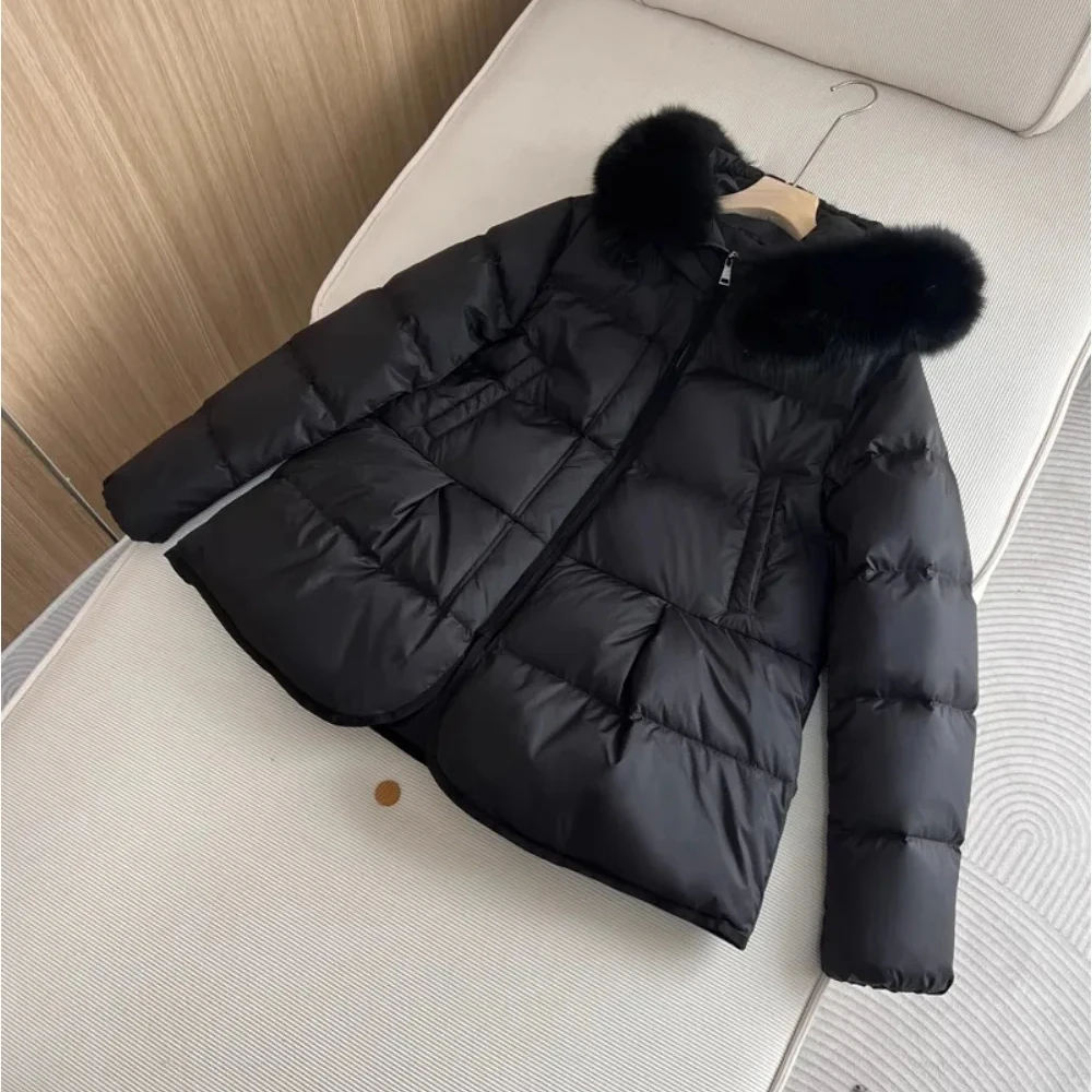 OFTBUY White Duck Down Coat Hooded 2024 New Fashion Winter Real Fur Fox Fur Collar Jacket Cape Puffer Coat Women Slim Short Warm