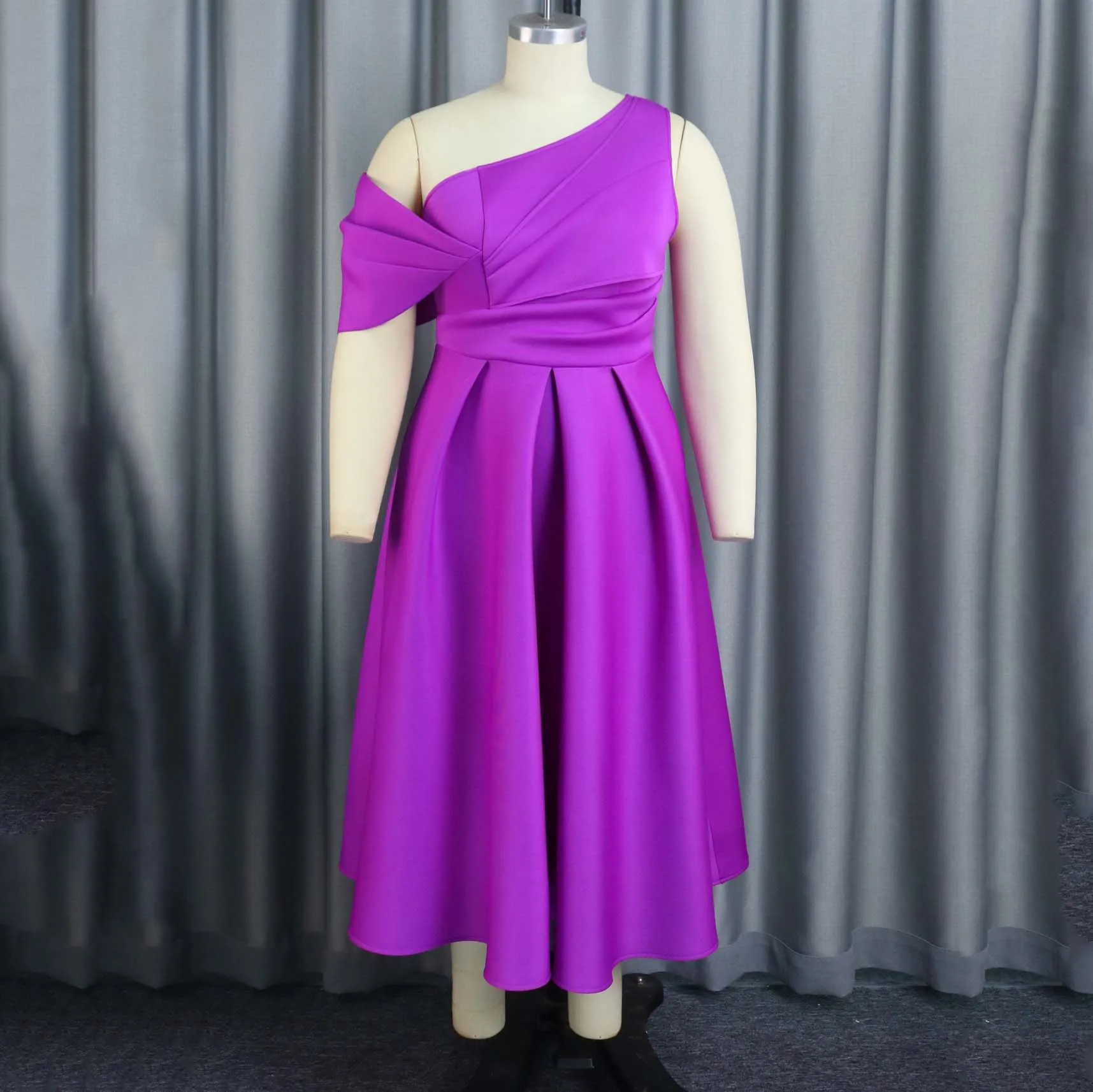 Elegant Party Dresses for Women Luxury Purple High Quality One Shoulder High Waisted Pleated Mid Calf Birthday Dinner Vestidos