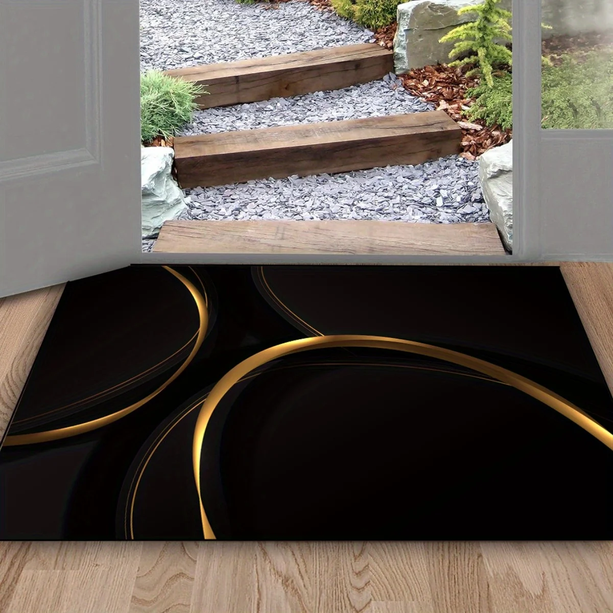 1pc 2D Flat Black Gold Abstract Curves Flannel Area Rug Non Slip Modern Luxury Carpet for Living Room Bedroom Sofa Floor Decor