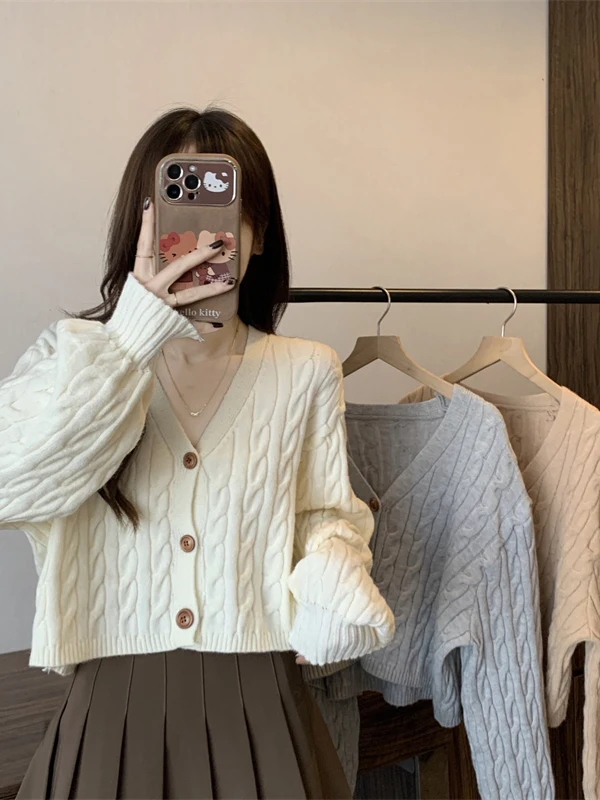 

Autumn Winter V-Ne Pure Color Faionable Versatile Knitted Sweater Coat Korean Sle Lantern Sve Twist Cotton Blend Out...