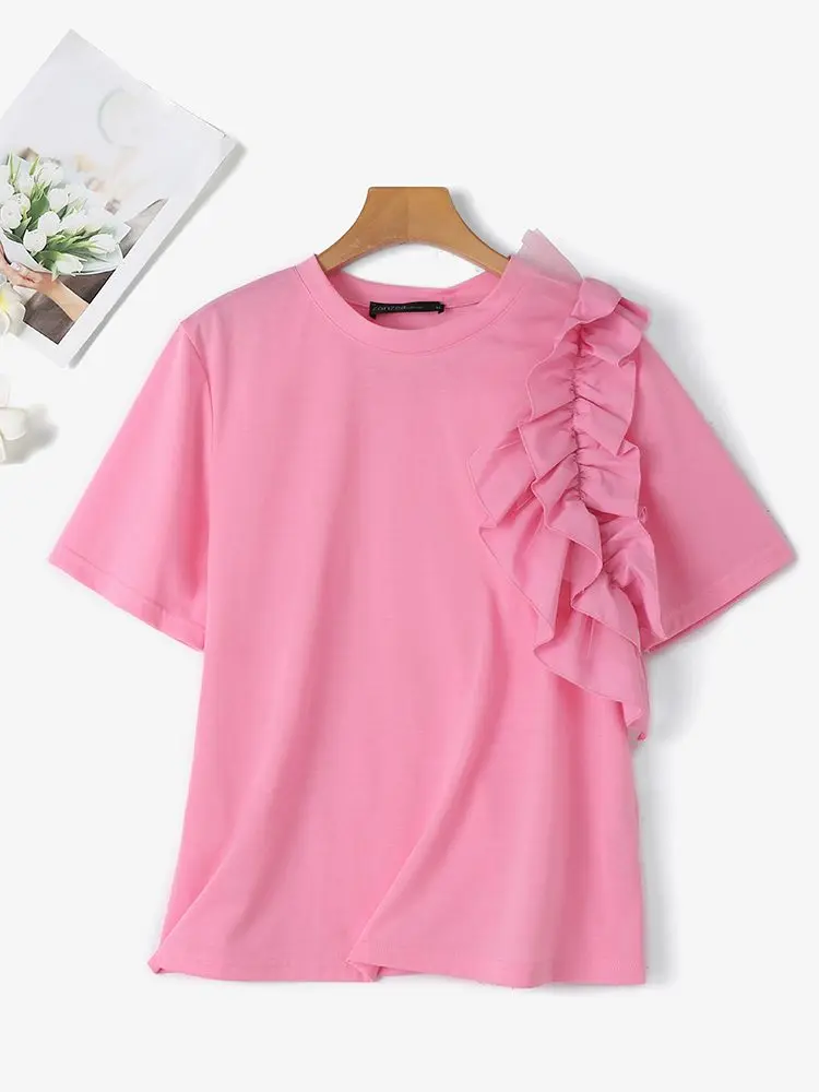 ZANZEA Short Sleeve Ruffles Detail T-shirts Elegant 2024 Summer Casual Women Blouses O Neck Solid Korean Fashion Blusas Mujer