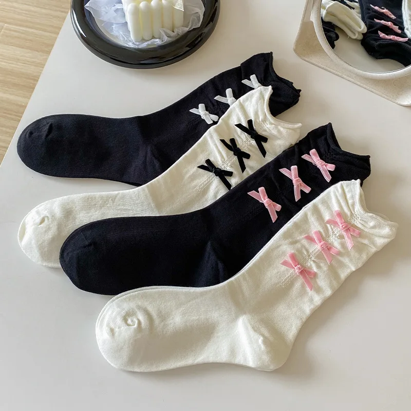 JK Lolita Cute Princess Socks Sweet Girls Velvet Bowknot Kawaii Socks Women Japanese Style Solid Color Black White Long Socks