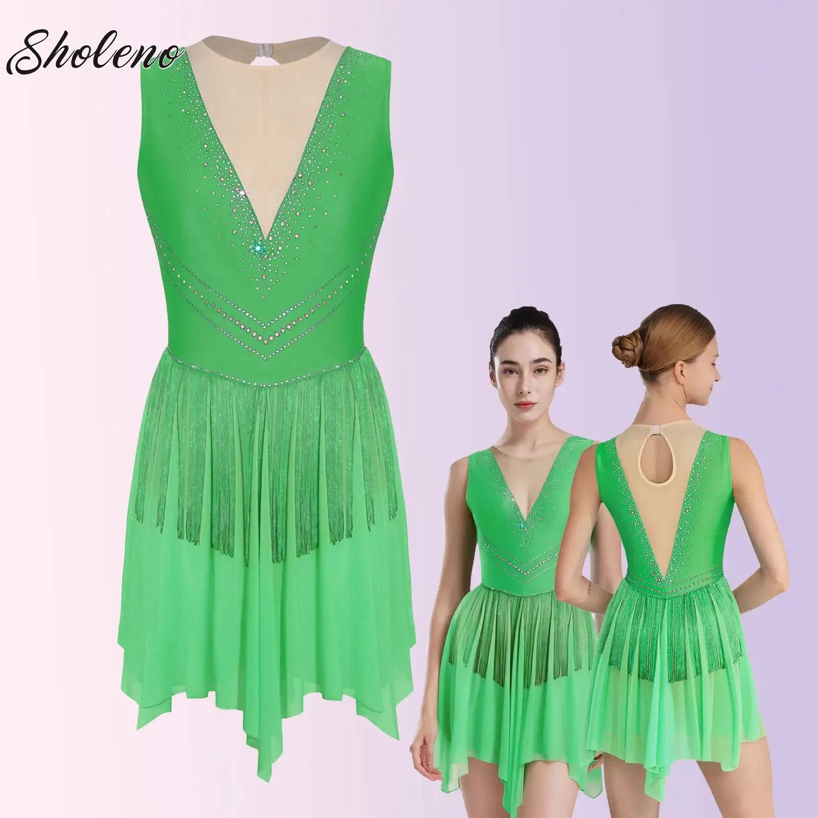 

Women Gymnastics Jersey Modern Lyrical Dance Dress Rhinestone Sheer Mesh Leotard Dancewear for Ballet Figure Skating Performance