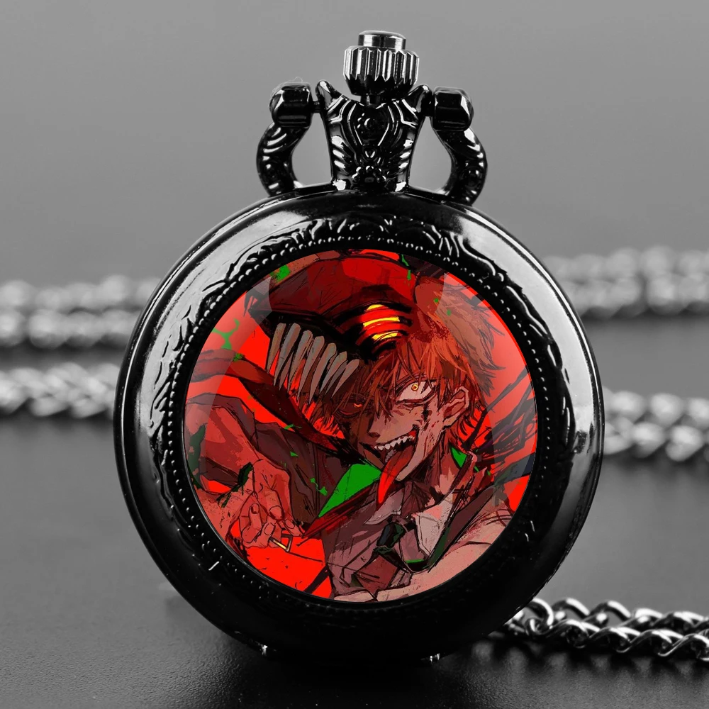 Chainsaw Man Glass Dome Pocket Watch with Chain Necklace Vintage Quartz Pendant Watches Mens Women Gift