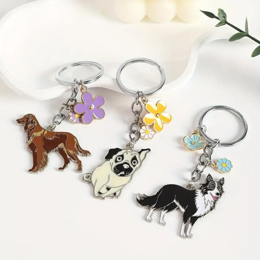 1/5/10/20/50/100pcs 1 pc / 2 pcs Cute Dog Keychain with Flower, Golden Retriever, Border Collie, Pug Design with Colorful Flower