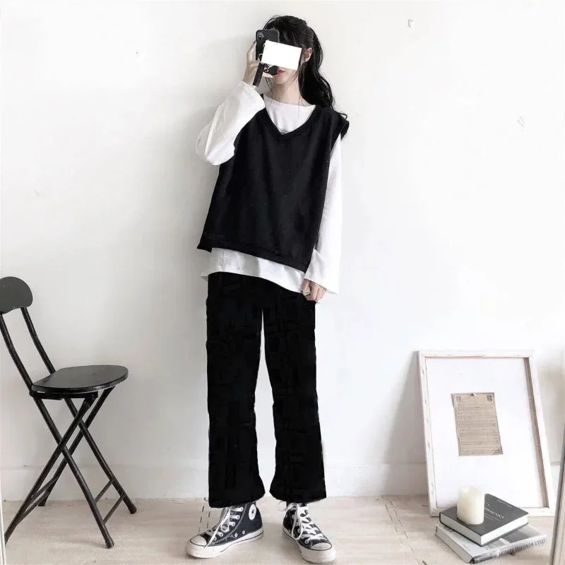 

Женские комплекты, простая удобная модная футболка с длинным рукавом для отдыха, жилет с v-образным вырезом, прямые брюки с высокой талией, универсальные 2025