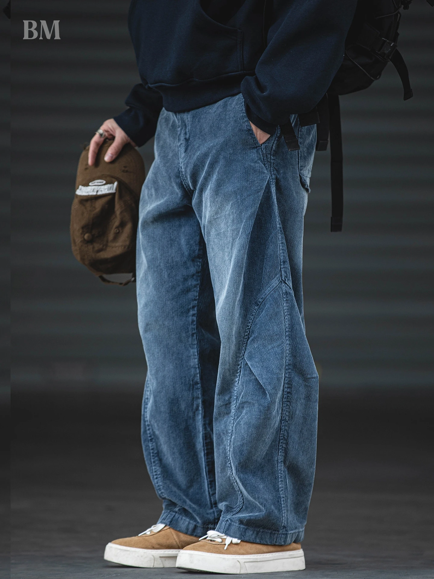 

Mens Vintage American Corduroy Work Pants Straight Wide Leg Loose Fit Blue High Quality Tailored Casual Utility Streetwear