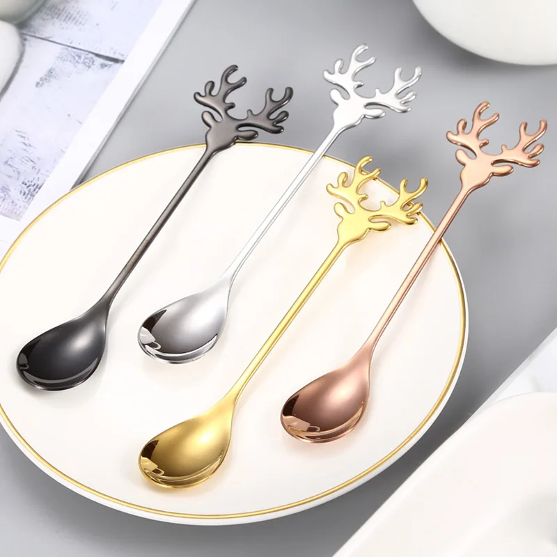 Stainless Steel Cartoon Christmas Elk Spoon Cute Deer Head Mini Ice Cream Spoons Coffee Dessert Stirring Spoon Tableware Decor