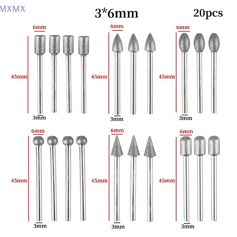 20 pz Teste di Rettifica Diamantate Mini Bit Per Utensile Trapano Rotante Bave Rettifica Accessori 3mm Gambo Kit di Strumenti Strumento Abrasivo