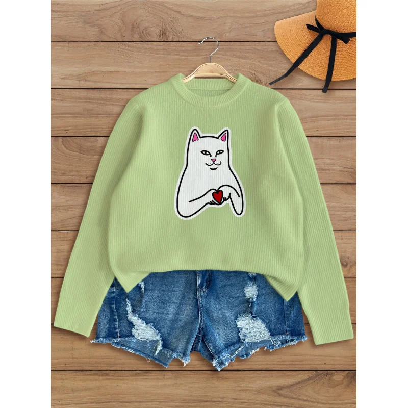

Green Background White Cat Print Knit Cardigan Women's Autumn Winter Button-Up Sweater, Loose Fit, Warm Casual Fashion Gift