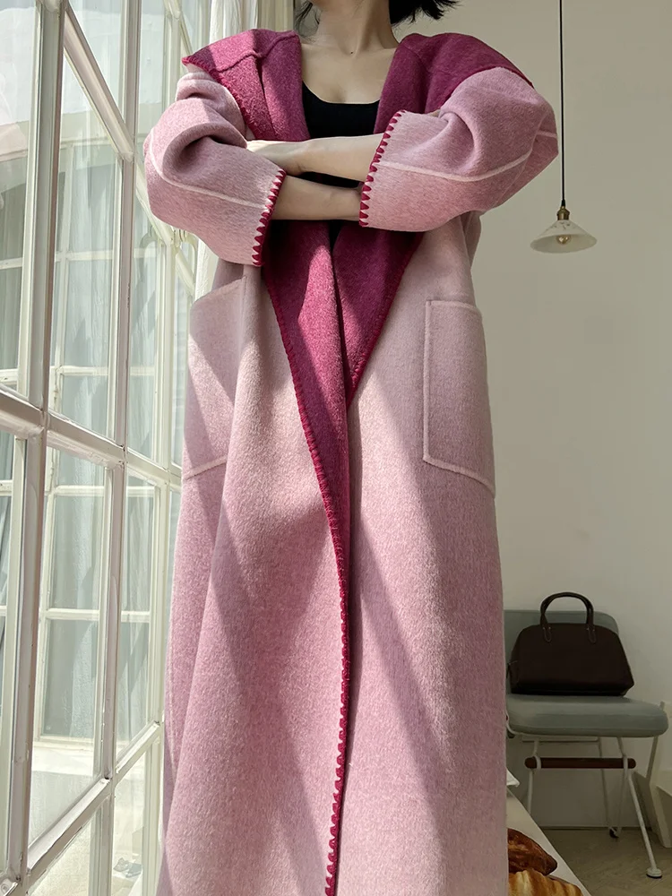 gradient double-sided velvet coat for women's high-end rabbit hair and mulberry silk hooded tie medium length wool coat