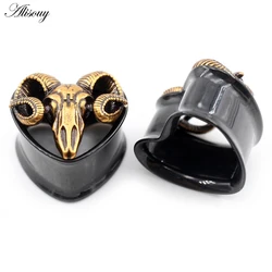 Alisouy 2PCS Stainless Steel Bull Head Buffalo Horn Heart Ear Tunnels Plugs Expander Stretcher Gauges Earrings Piercing Jewelry