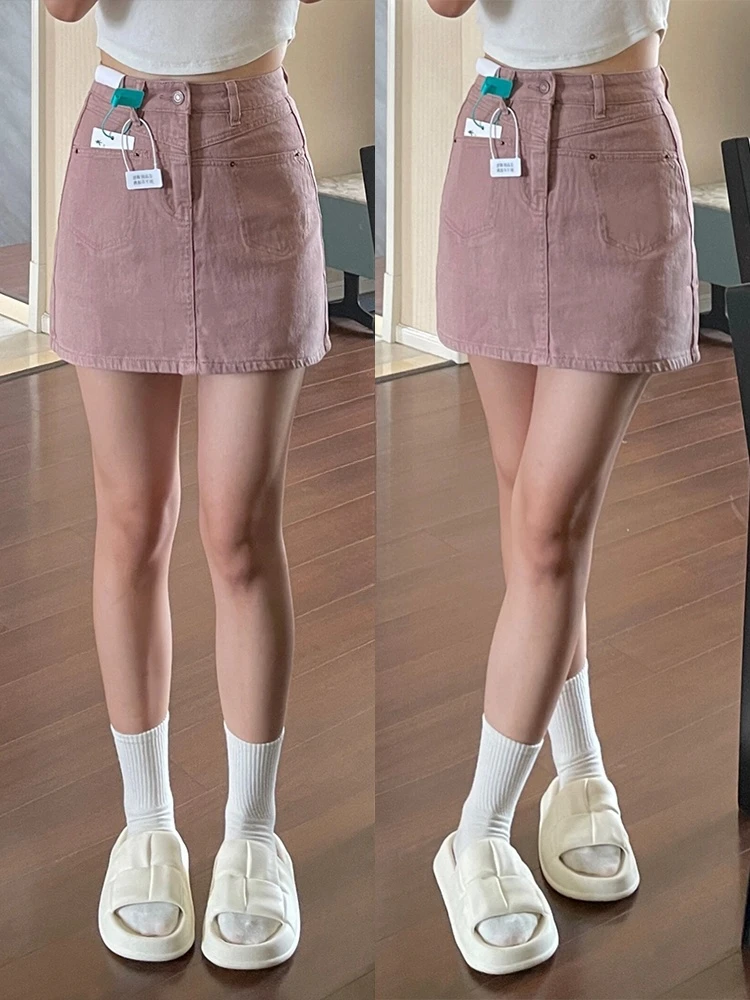 

Джинсовая юбка с высокой талией, женская юбка больших размеров, тонкая юбка трапециевидной формы с прикрытием живота, корейская юбка на пуговицах и молнии, дизайн