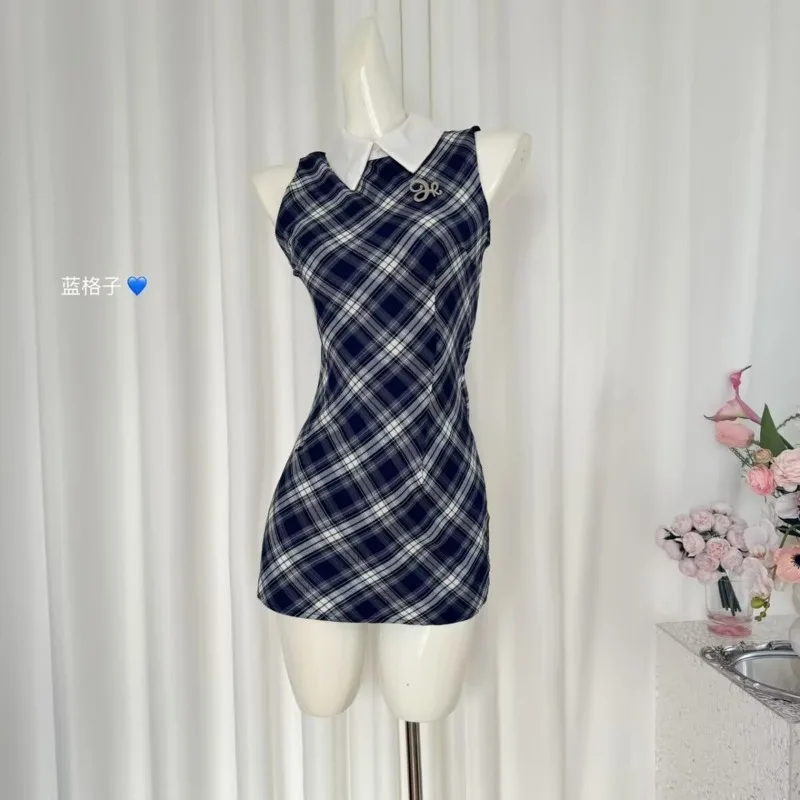 

Summer Kawaii Print Plaid Dress Women Elegant Sexy Sleeveless Strap Y2k Dress Female Korean Fashion Design Lolita Lace Dress