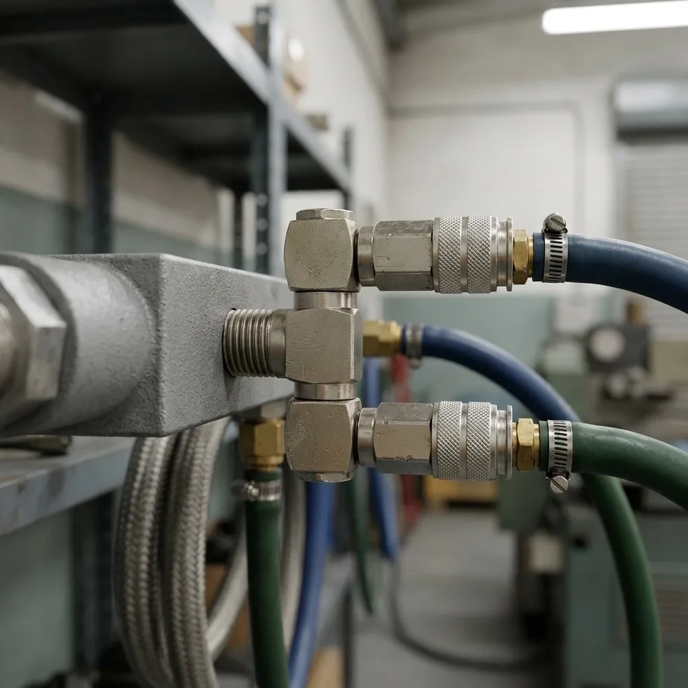2 Way 1/4in NPT Air Splitter with Rotating Swivel Connector and Nickel Plated Finish for Long Life in Harsh Conditions