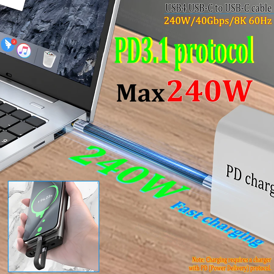 كابل USB4 قصير محمول، كابل USB-C إلى USB-C جديد من Creative مع سلسلة مفاتيح، شحن سريع 240 واط، نقل بيانات 40 جيجابت في الثانية، دقة 8K 60 هرتز UHD لأجهزة الكمبيوتر المحمول والكمبيوتر اللوحي والهاتف #6