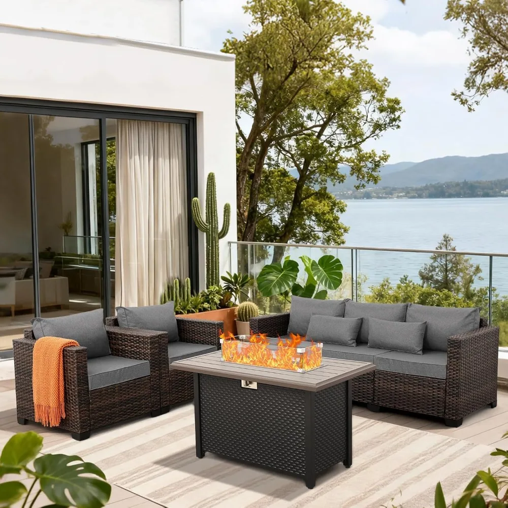 

4 Pieces Outdoor Patio Furniture Set,Wicker Outdoor Furniture Chairs and Sofa 60000 BTU Outdoor Propane