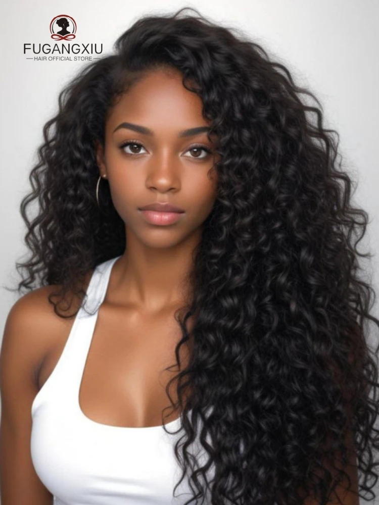 FUGANGXIU-30 pulgadas pelucas delanteras de encaje rizado con ondas de agua 13x4 peluca Frontal de encaje de onda profunda pelucas de cabello humano 4x4 para mujeres 180% de densidad