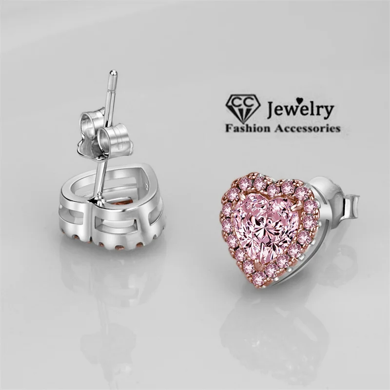 Romantic Jewelry Stud Earrings For Women Pink Cubic Zirconia 6mm Stone Bridal Wedding Party Earrings Engagement CCE666