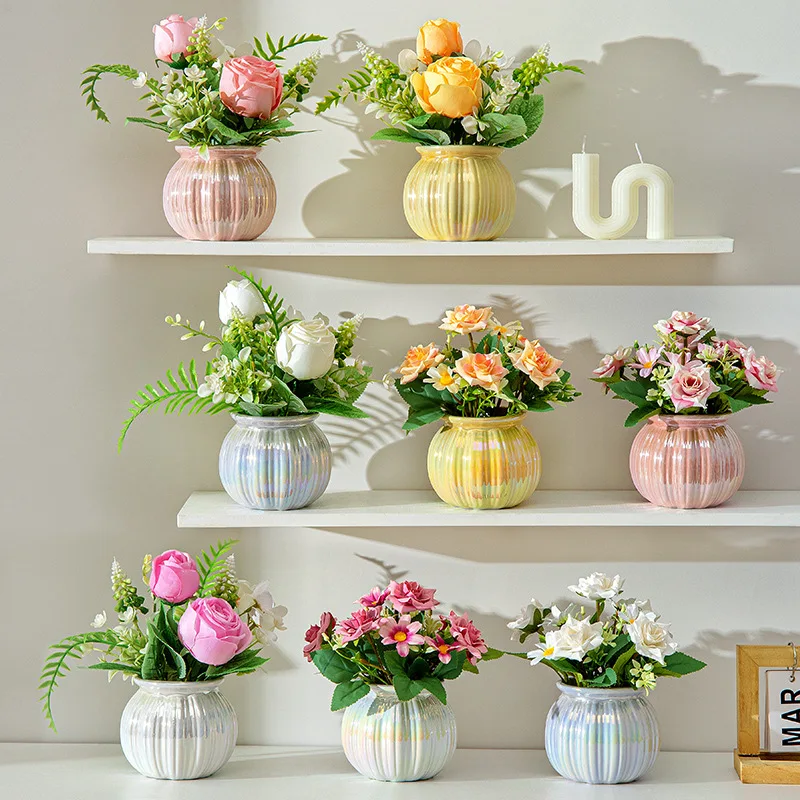 

Artificial Flower Figurine Decoration Plastic Rose Bouquet Potted living Room Home Table Decor Wedding Party Plants Bonsai