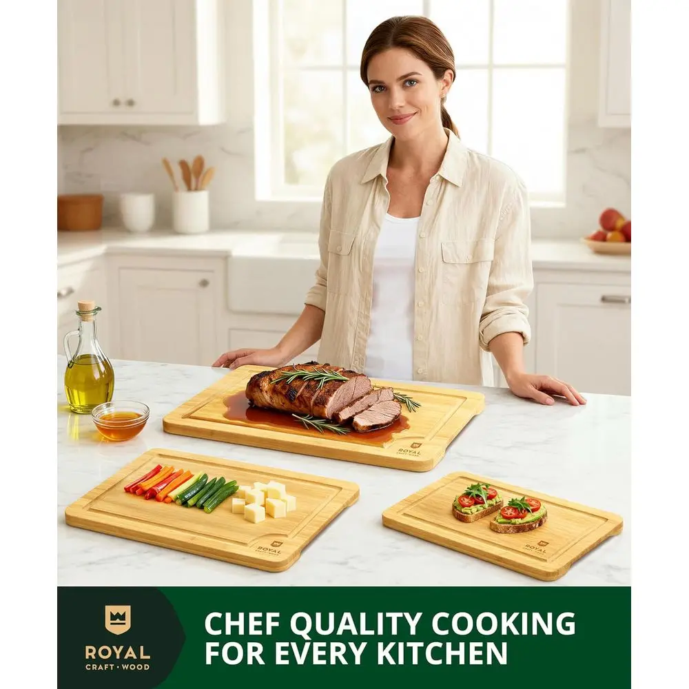 3-Piece Reversible Bamboo Cutting Board Set with Deep Groove & Handles - Premium Charcuterie Boards for Kitchen Gifts