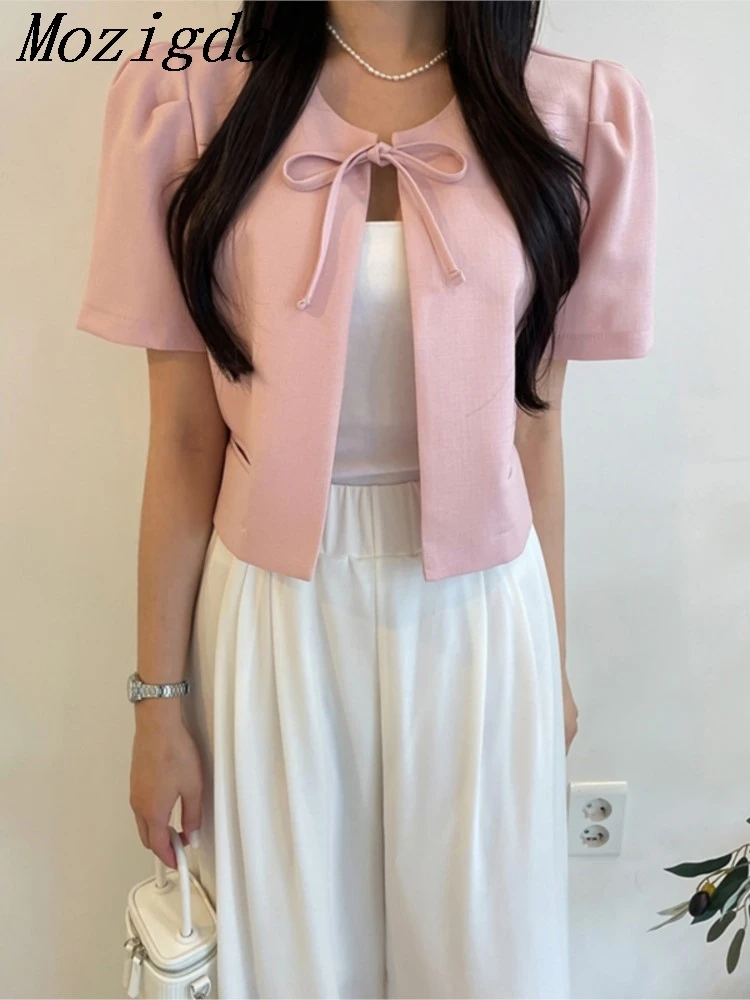 

Summer Puff Short Sleeve Tops Women Sweet Bow Pleated Fashion Pink Ladies Cropped Coats Korean Style Woman Tops