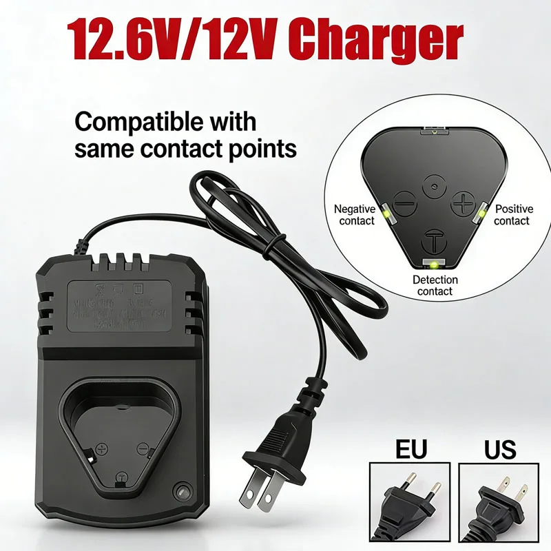 Carregador Universal 12V/12.6V para Furadeira Elétrica, Carregador Recarregável Li-Ion EUA/UE, Suporta 110-240V para Ferramentas Elétricas e Chaves de Impacto
