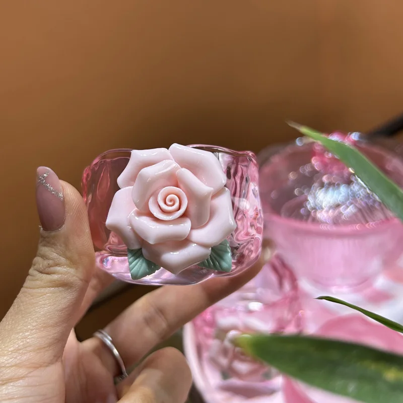 Heat Resistant Glass Teapot Set with Pinched Flower Cup Pink Gongfu Tea Set Hand Grab Pot