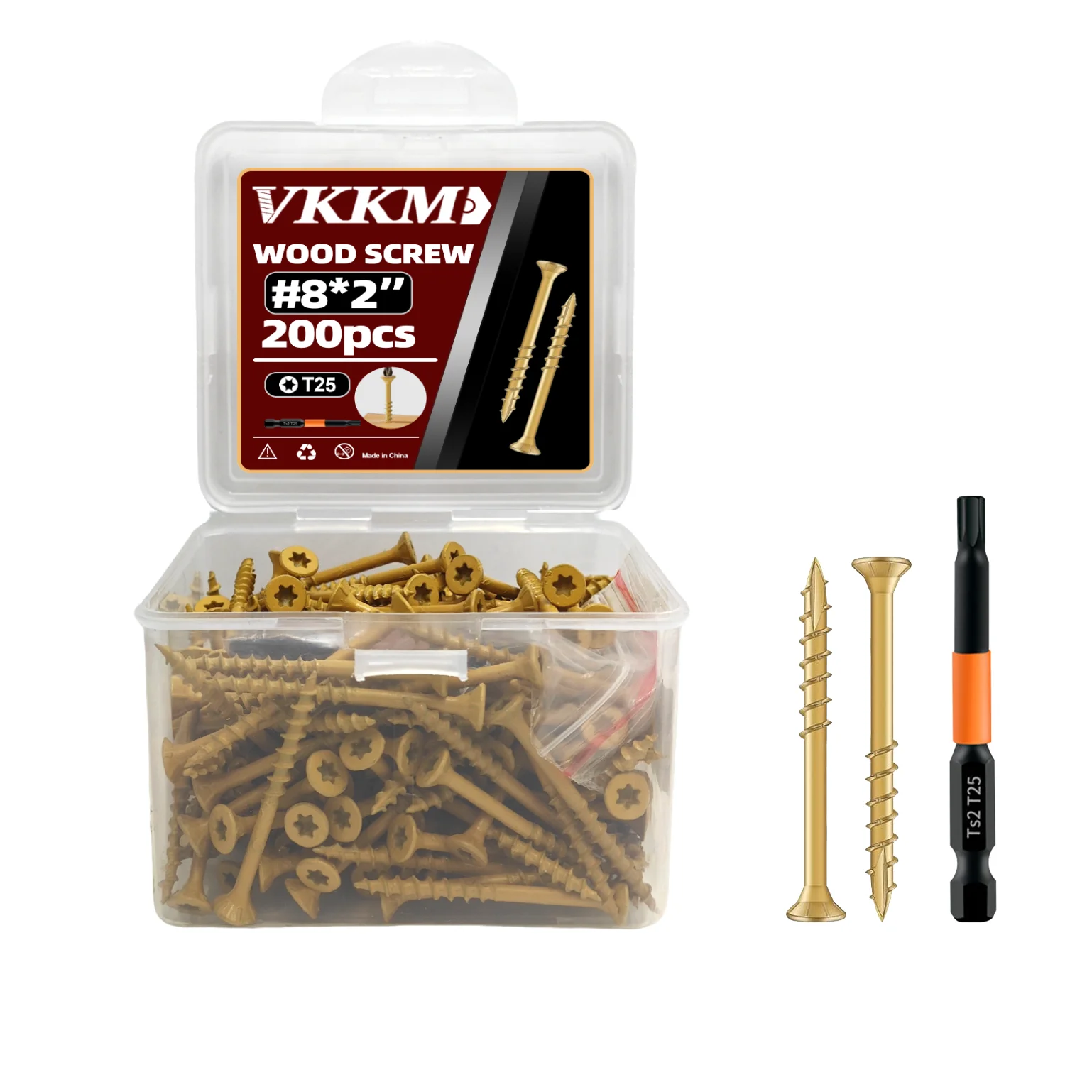 

VKKM 200Pcs #8×2" Yellow Wood Screws with T25 Torx Drive and Flat Head, rust - resistant coating, for decking, timber framing
