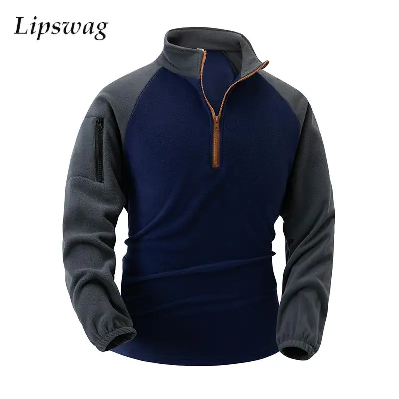 Outdoor Casual Fleece Mens Hoodies Vintage Patchwork Long Sleeve Fleece Sweatshirt 2024 Autumn Fashion Zipper Fleece Pullovers