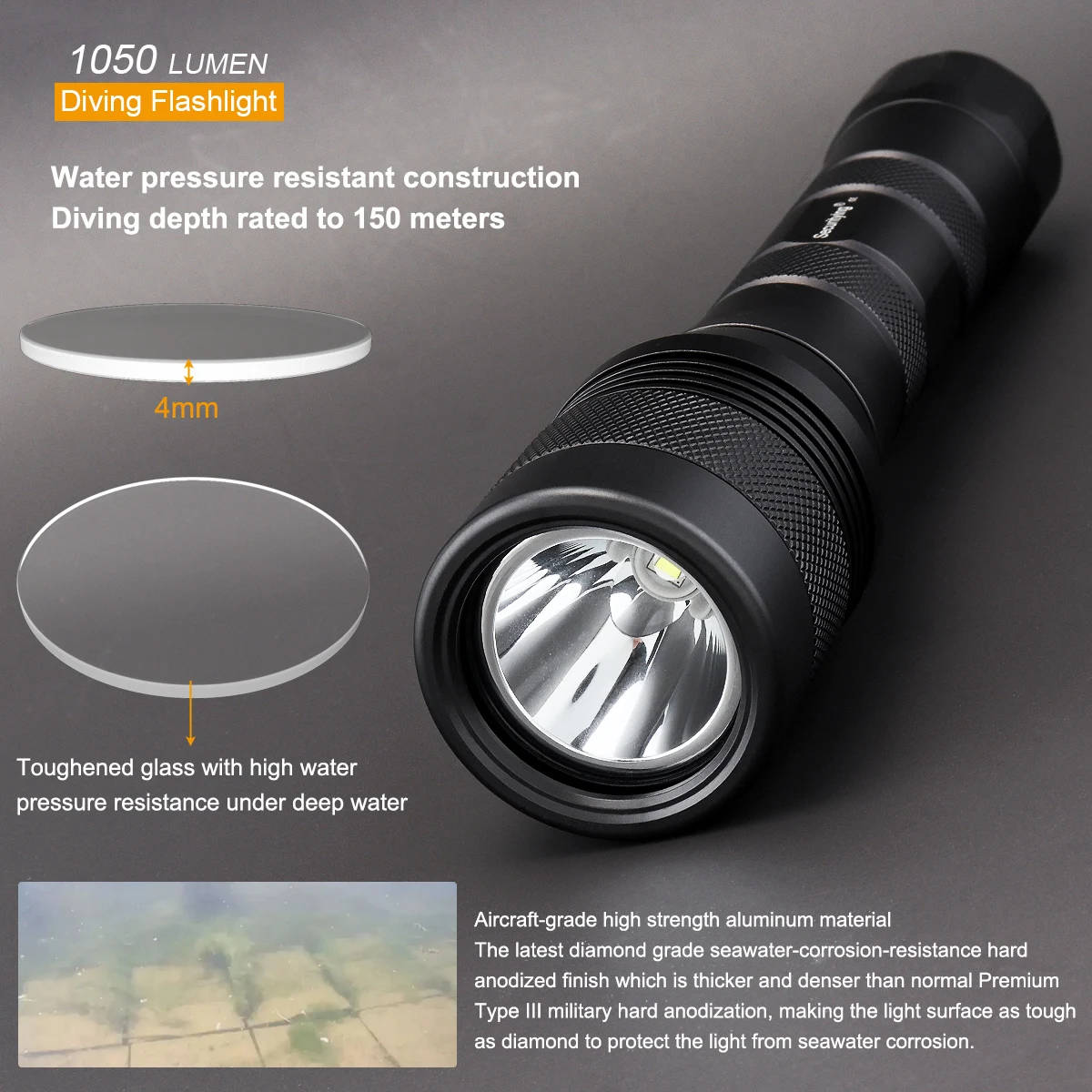 SecurityIng 1050LM Diving Flashlight LED Diver Spare Torch 150M Depth Narrow Beam /Wide Beam Scuba Light for Outdoor