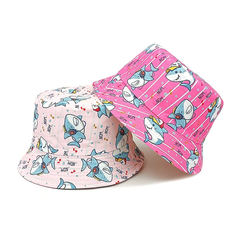 Top Cartoon Children Bucket Hat Shark Printing Fisherman Hats Boy Girl Kids Panama Cap Double Sides Cute Pattern Caps Sunshade