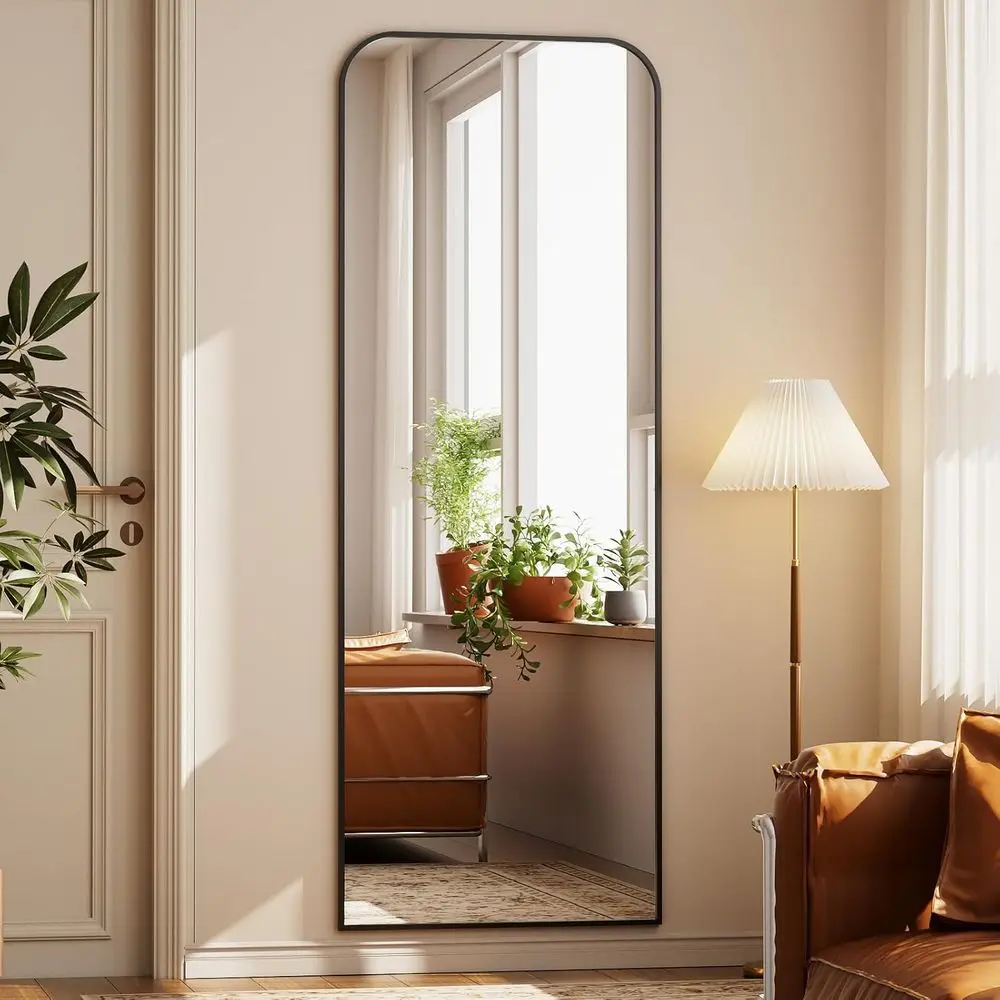 Miroir sur pied arqué, grand miroir complet 65x24 avec cadre en aluminium pour la maison, noir