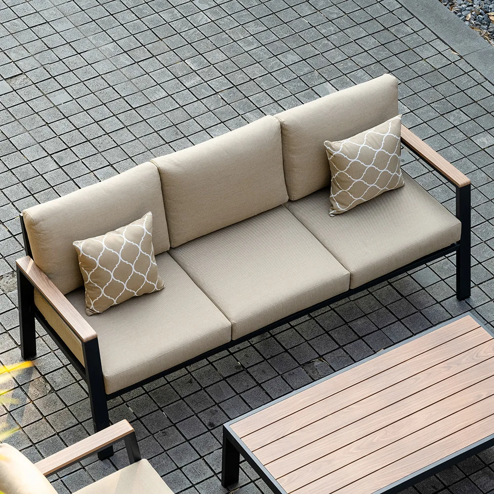 &Nordic Design Aluminum Alloy Outdoor Garden Set with Lazy Sofa Bed Coffee Table Wood Grain Finish for Balcony & Garden