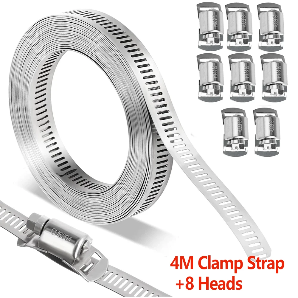 

4M Hose Clamp Strap Screw Band Adjustable Worm Gear Clip with Fasteners Pipe Ducting Hose Clamp Clip with 8 Hoop Head